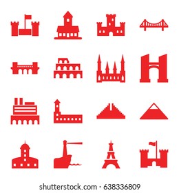 Landmark icons set. set of 16 landmark filled icons such as castle, chichen itza, coliseum, pyramid, bridge, eiffel tower