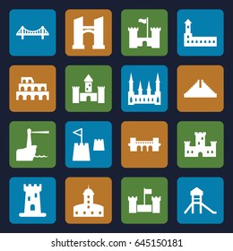 Landmark icons set. set of 16 landmark filled icons such as castle, chichen itza, coliseum, bridge, lighthouse