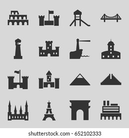 Landmark icons set. set of 16 landmark filled icons such as castle, chichen itza, coliseum, lighthouse, pyramid, bridge, arc de triomphe