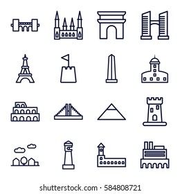 landmark icons set. Set of 16 landmark outline icons such as castle, Chichen Itza, Coliseum, lighthouse, pyramid, bridge, Arc de Triomphe, monument, Eiffel Tower