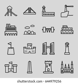 Landmark icons set. set of 16 landmark outline icons such as castle, chichen itza, coliseum, lighthouse, bridge, monument, city landscape