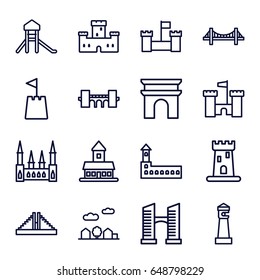 Landmark icons set. set of 16 landmark outline icons such as castle, chichen itza, lighthouse, bridge, arc de triomphe, city landscape