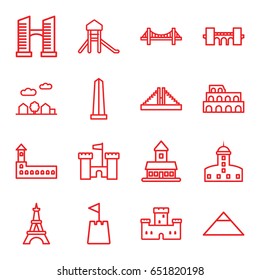 Landmark icons set. set of 16 landmark outline icons such as castle, chichen itza, coliseum, pyramid, bridge, monument, eiffel tower, city landscape