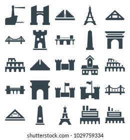Landmark icons. set of 25 editable filled landmark icons such as castle, coliseum, bridge, arc, monument, eiffel tower