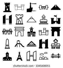 Landmark icons. set of 25 editable filled and outline landmark icons such as castle, chichen itza, arc de triomphe, bridge, eiffel tower, lighthouse, pyramid, city landscape
