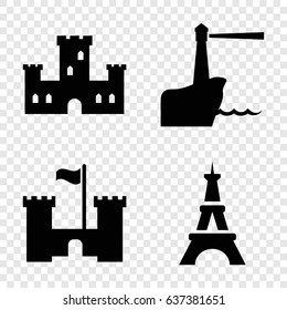 Landmark icons set. set of 4 landmark filled icons such as castle, eiffel tower