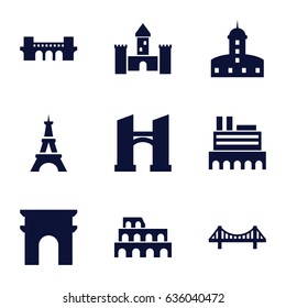Landmark icons set. set of 9 landmark filled icons such as castle, coliseum, bridge, arc de triomphe