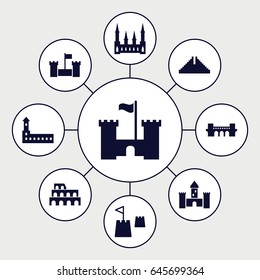 Landmark icons set. set of 9 landmark filled icons such as castle, chichen itza, coliseum, bridge