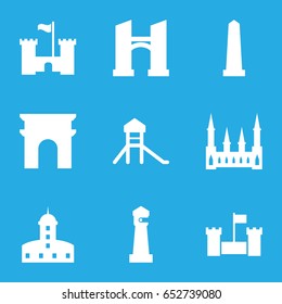 Landmark icons set. set of 9 landmark filled icons such as lighthouse, castle, arc de triomphe, bridge