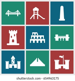 Landmark icons set. set of 9 landmark filled icons such as castle, chichen itza, coliseum, bridge
