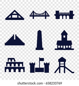 Landmark icons set. set of 9 landmark filled icons such as castle, chichen itza, coliseum, bridge, monument