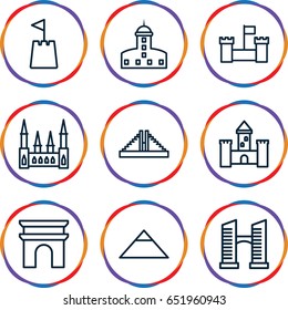 Landmark icons set. set of 9 landmark outline icons such as chichen itza, pyramid, castle, arc de triomphe, bridge
