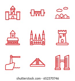 Landmark icons set. set of 9 landmark outline icons such as castle, chichen itza, bridge, city landscape