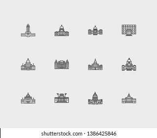 Landmark icons set. Alaska state capitol and landmark icons with rhode island, state capitol, structure. Set of political for web app logo UI design.