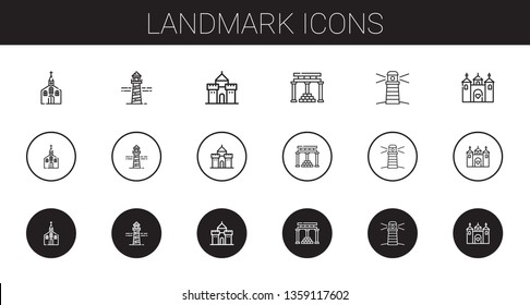 landmark icons set. Collection of landmark with church, lighthouse, castle, temple of apollo. Editable and scalable landmark icons.