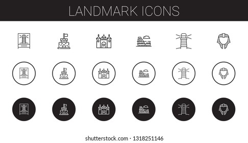 landmark icons set. Collection of landmark with lighthouse, castle, colosseum, egyptian. Editable and scalable landmark icons.