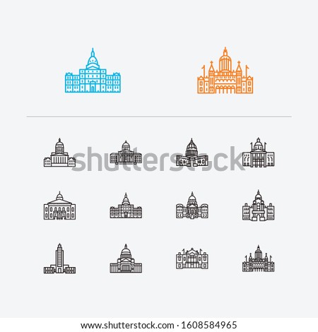 Landmark icons set. Connecticut state capitol and landmark icons with indiana state capitol, arkansas state capitol and wisconsin state capitol. Set of architectural for web app logo UI design.