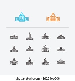 Landmark icons set. Delaware state capitol and landmark icons with government, dome and oklahoma state capitol. Set of construction for web app logo UI design.
