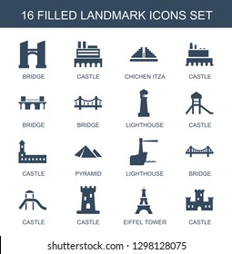 landmark icons. Trendy 16 landmark icons. Contain icons such as bridge, castle, Chichen Itza, lighthouse, pyramid, Eiffel Tower. landmark icon for web and mobile.