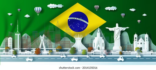 Landmark Illustration Anniversary Celebration Brazil Day With Green Flag Background. Travel Landmarks City Architecture Of Brazil In Rio De Janeiro In Paper Art, Paper Cut Style. Vector Illustration