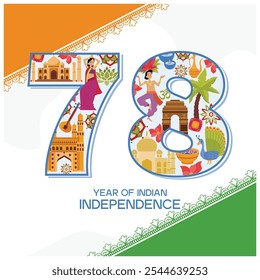 Landmark with Indian flag. Commemorating India's 78th Independence Day. Independence Day India concept. Flat vector illustration.