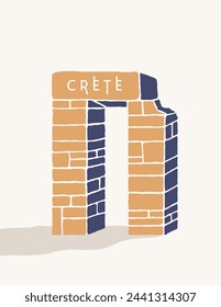 Landmark of the island of Crete. Ruins of the stone entrance arch. Minimalistic pattern for prints, stickers, decoration and design. Vector illustration