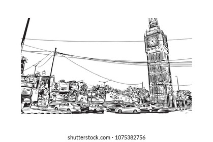 Landmark of Kolkata, City in West Bengal, India. Hand drawn sketch illustration in vector.