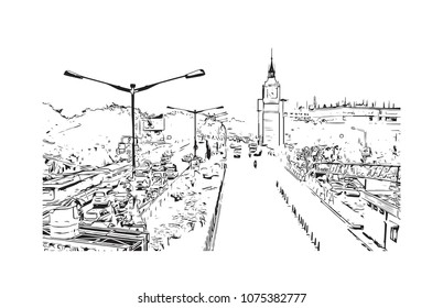 Landmark of Kolkata, City in West Bengal, India. Hand drawn sketch illustration in vector.