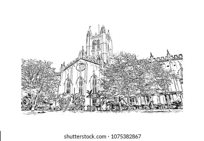 Landmark of Kolkata, City in West Bengal, India. Hand drawn sketch illustration in vector.