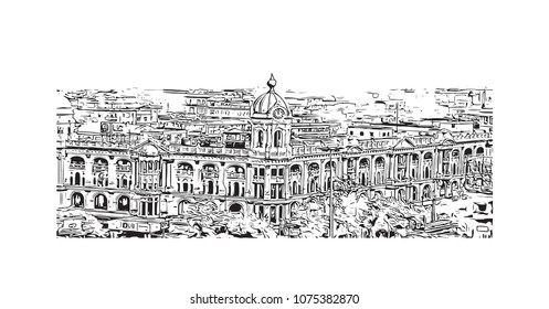 Landmark of Kolkata, City in West Bengal, India. Hand drawn sketch illustration in vector.