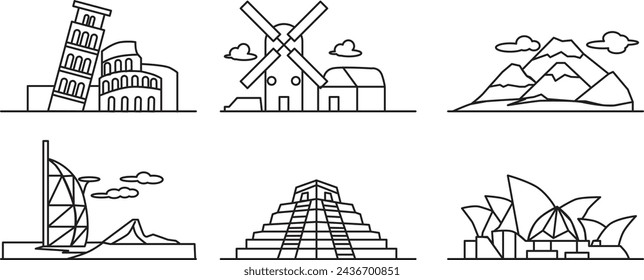 landmark line drawings of significant locations in several nations. drawings of significant locations found in tourism destinations.Editable stroke