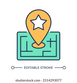 Ícone de cor RGB da localização do ponto de referência. Bens imobiliários de primeira qualidade. Lugares urbanos populares. Centro da cidade Mapa e ícone de estrela. Ilustração isolada de vetor. Desenho de linha preenchido simples. Traçado editável