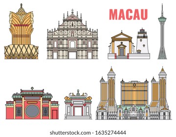 Landmark Macau building icon set isolated on white background - famous tourist attraction collection. Chinese temple, skyscraper hotel, etc. - flat vector illustration