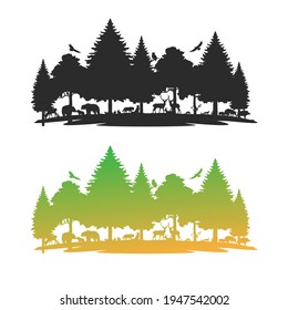 Landmark Mountain with Trees Animal Scene. Vector Illustration Woodland Fauna Silhouette Vector.