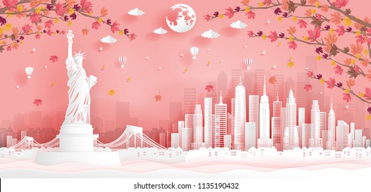 Landmark of New York city in autumn season with falling leaves in paper cut style vector illustration. 