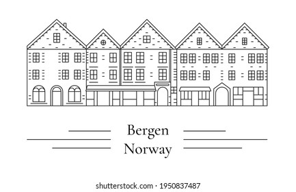 Lugar emblemático de Noruega. Puntos de referencia del vector de la ciudad de Bergen. Ilustración del museo de Bryggen.