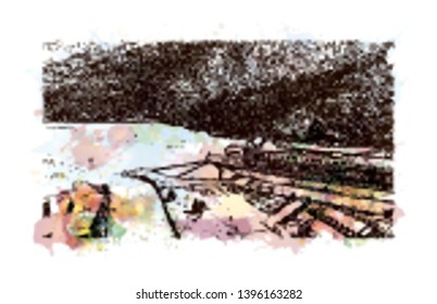 Landmark of Norway Skjervsfossen, Borgund Stavkirke, Flam. Watercolor splash with Hand drawn sketch illustration in vector.