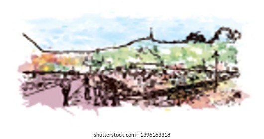 Landmark of Norway Skjervsfossen, Borgund Stavkirke, Flam. Watercolor splash with Hand drawn sketch illustration in vector.