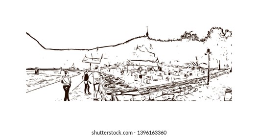 Landmark of Norway Skjervsfossen, Borgund Stavkirke, Flam. Hand drawn sketch illustration in vector.