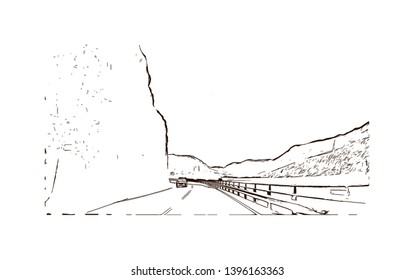 Landmark of Norway Skjervsfossen, Borgund Stavkirke, Flam. Hand drawn sketch illustration in vector.