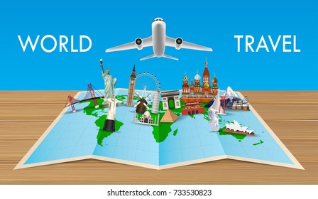 landmark on world map with flying airplane