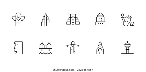 Landmark Outline Icon Set of Famous Monuments. icons of famous landmarks and monuments from around the world, drawn in a simple style. 