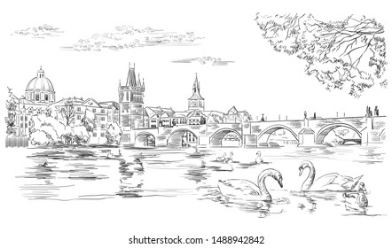  Landmark of Prague, Czech Republic. Vector illustration in black color isolated on white background.
