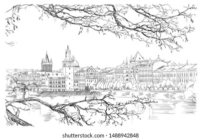  Landmark of Prague, Czech Republic. Vector illustration in black color isolated on white background.
