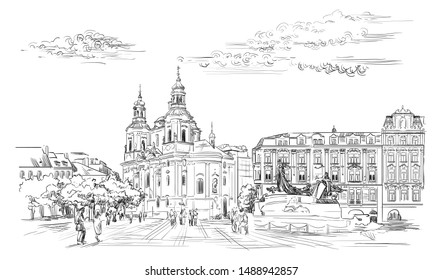  Landmark of Prague, Czech Republic. Vector illustration in black color isolated on white background.
