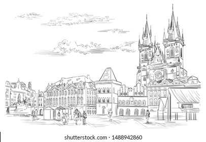  Lugar emblemático de Praga, República Checa. Ilustración vectorial en color negro aislada en fondo blanco.
