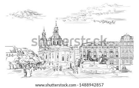  Landmark of Prague, Czech Republic. Vector illustration in black color isolated on white background.
