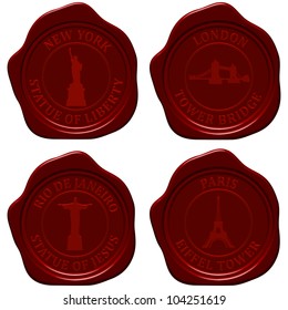 Landmark sealing wax stamp set for design use. Vector illustration.