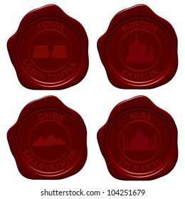 Landmark sealing wax stamp set for design use. Vector illustration.