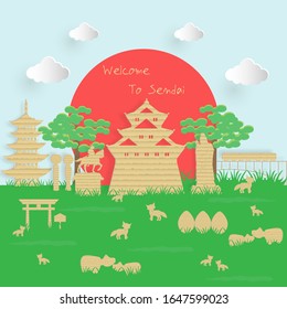 Landmark Sendai in paper crate style vector illustration 
